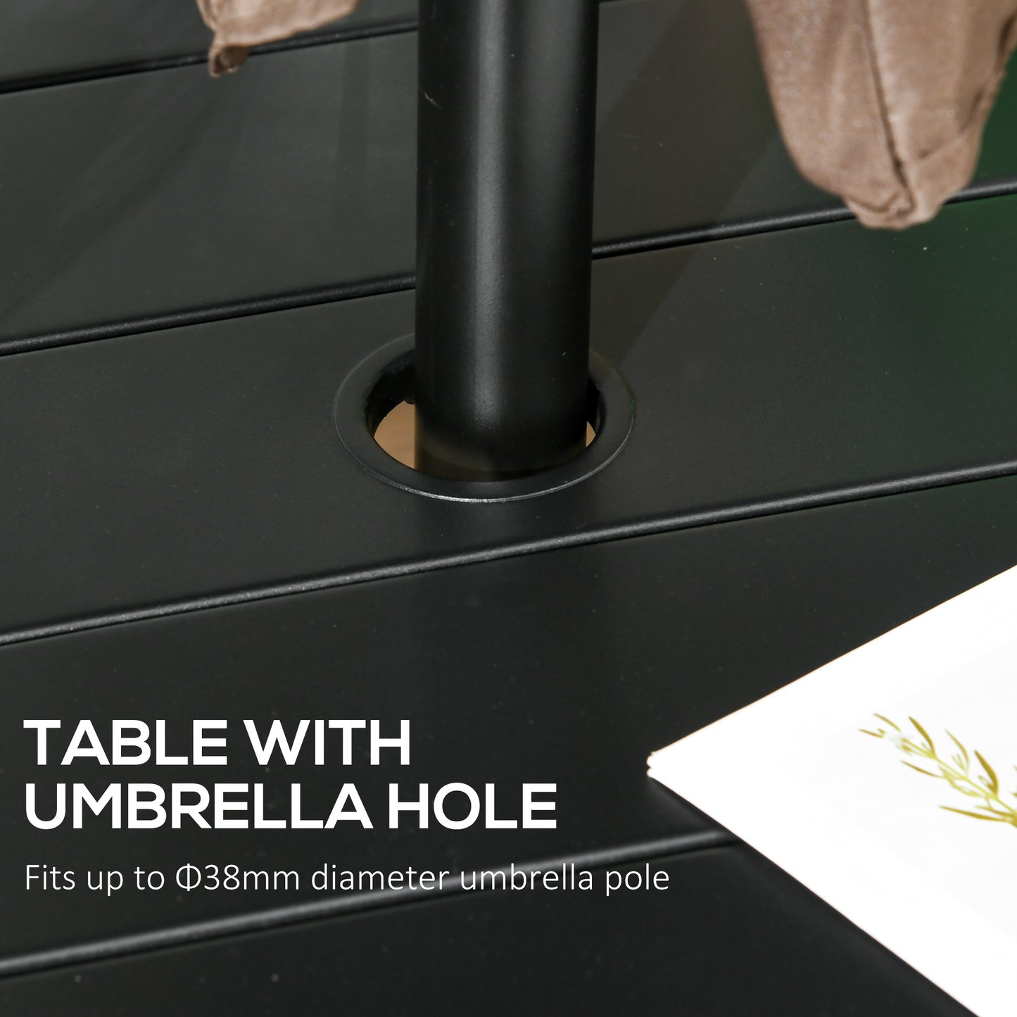 Garden Table with Parasol Hole, Outdoor Dining Garden Table for Four Persons, Round Patio Table with Slatted Metal Top, Black