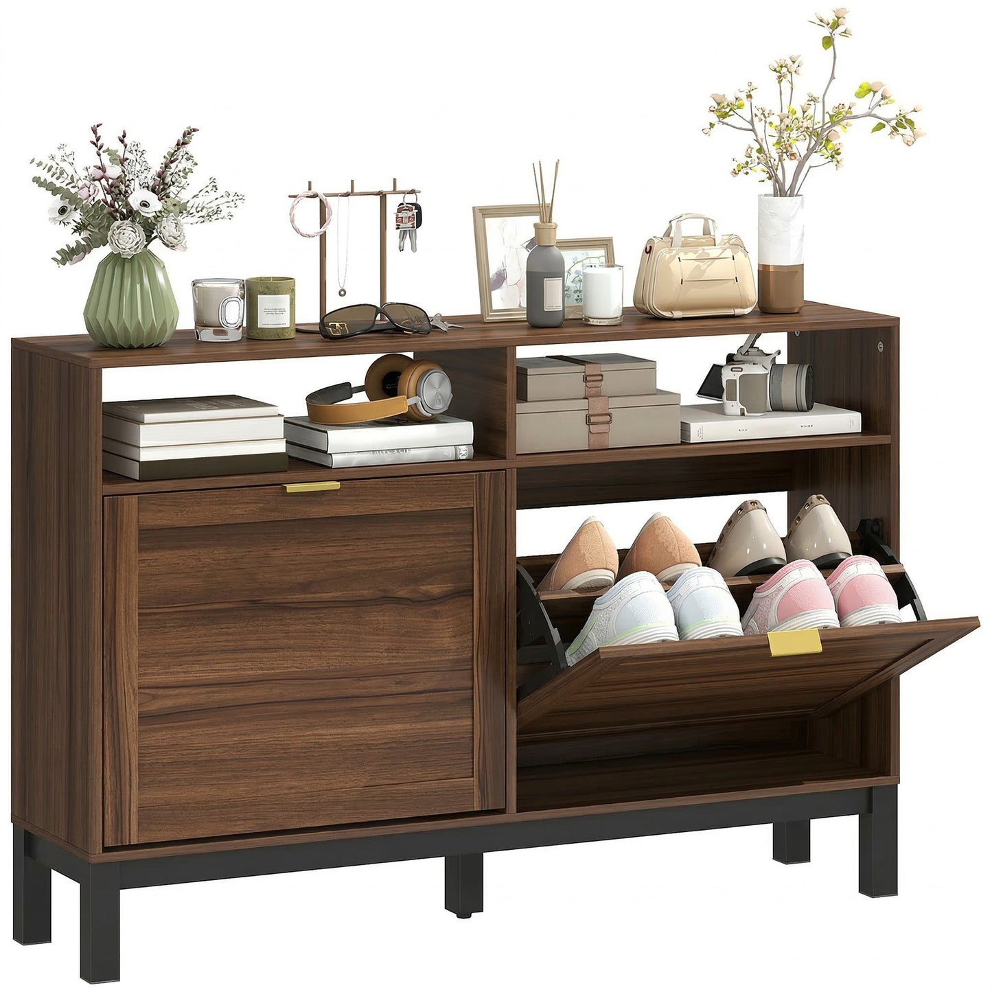 Narrow Shoe Cabinet with 2 Flip Drawers, Modern Shoe Storage Cabinet