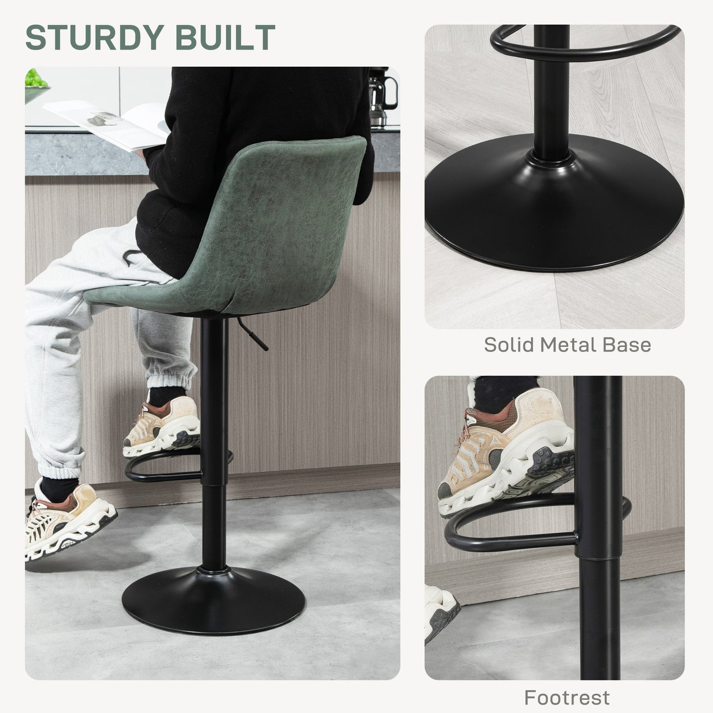 Set Of 2 Microfibre Retro Tub Bar Stools Metal Frame Footrest Seat Green