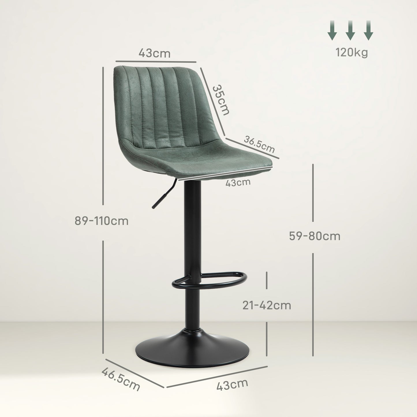 Set Of 2 Microfibre Retro Tub Bar Stools Metal Frame Footrest Seat Green