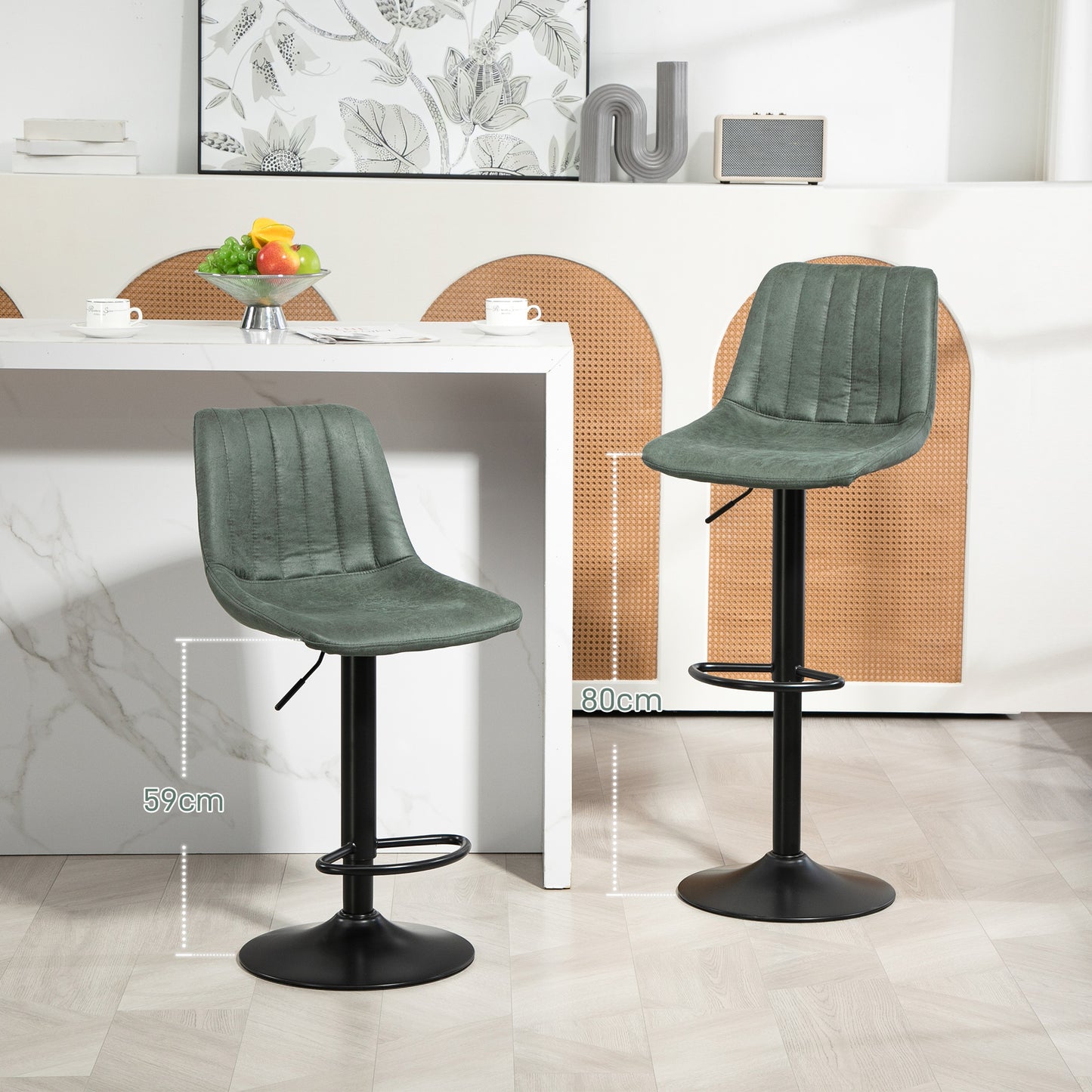 Set Of 2 Microfibre Retro Tub Bar Stools Metal Frame Footrest Seat Green