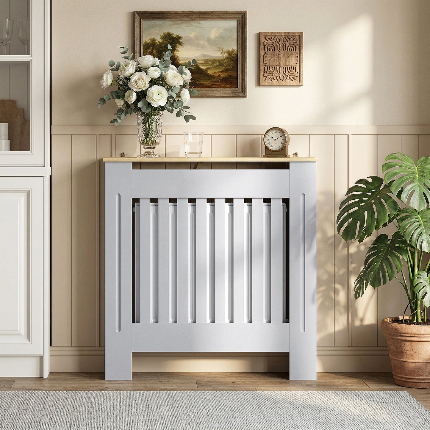 Radiator Cover Wooden Cabinet Vertical Slatted Vent MDF Grey Home
