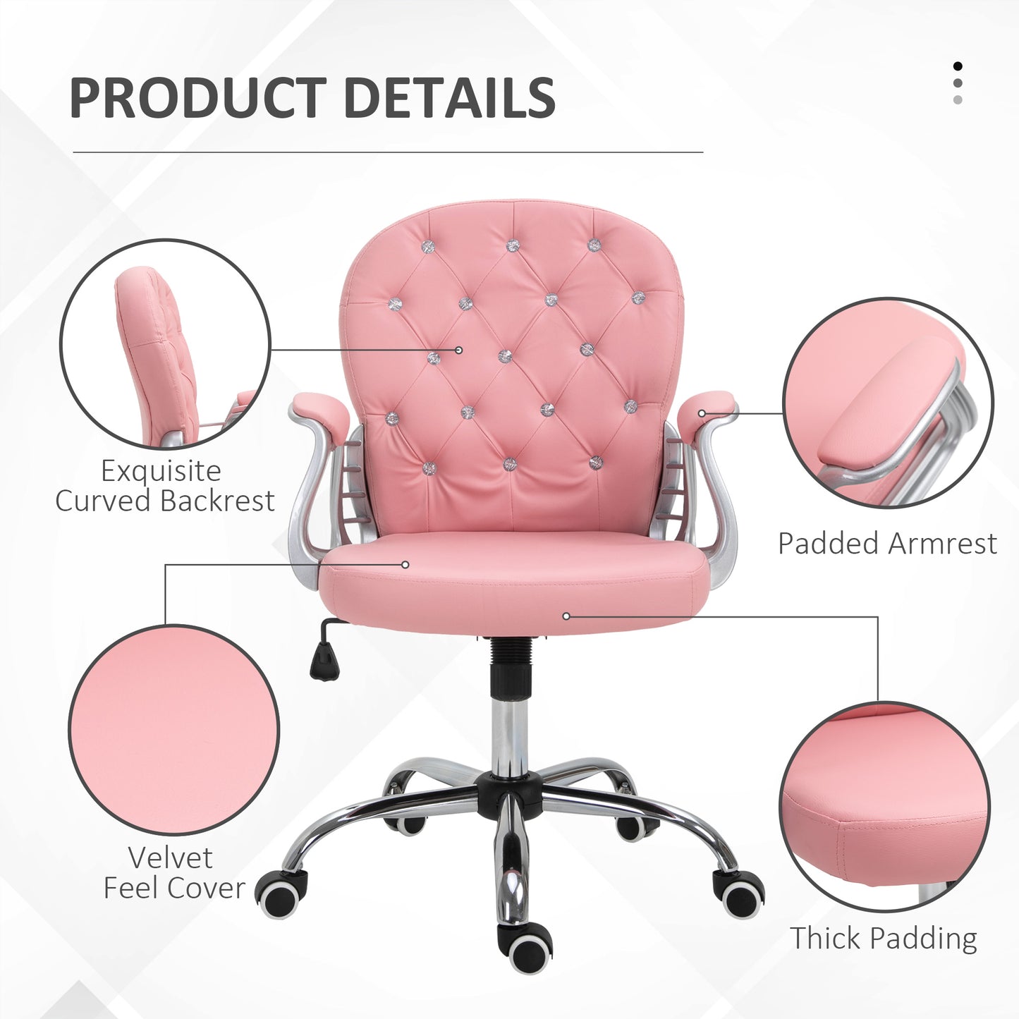 Office Chair PU Diamante Padded Ergonomic 360° Swivel Pink