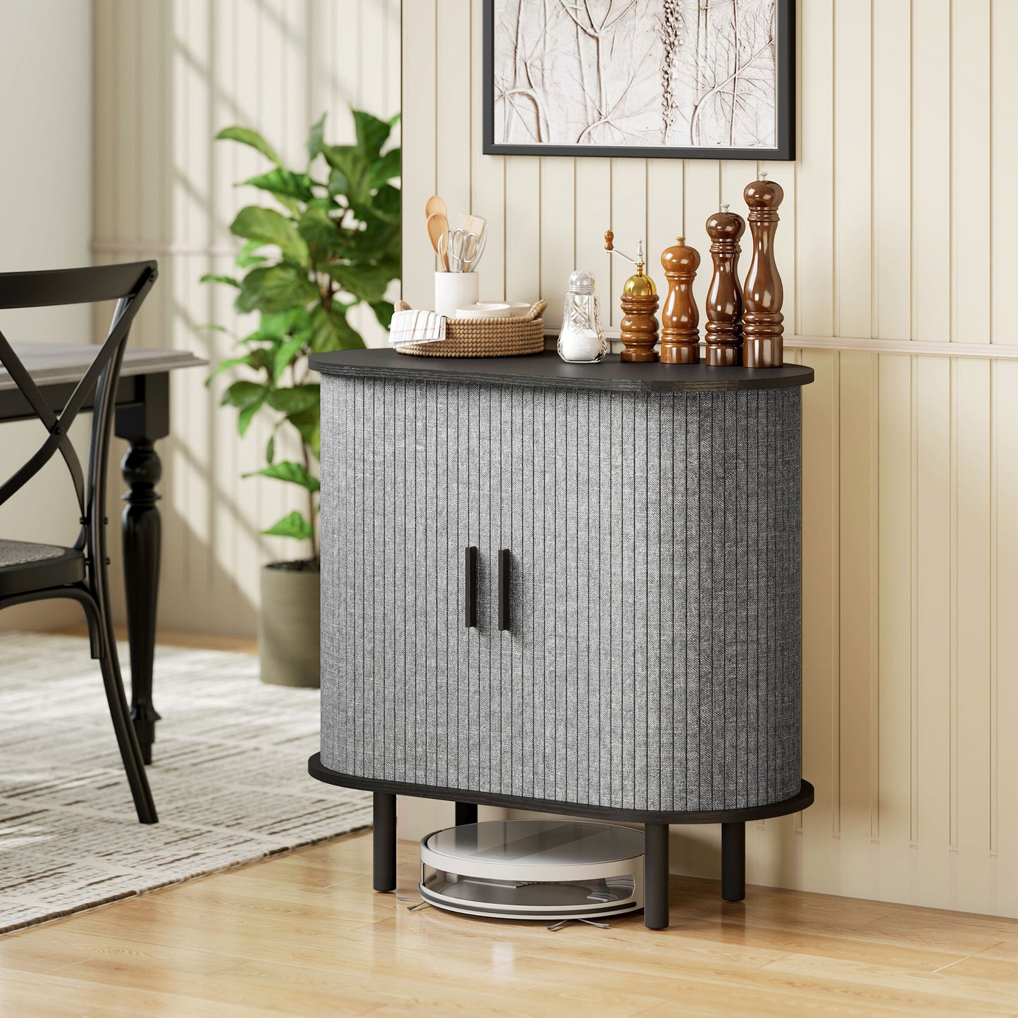 Modern Sideboard with 2 Sliding Doors Tambour Kitchen Cupboard Grey