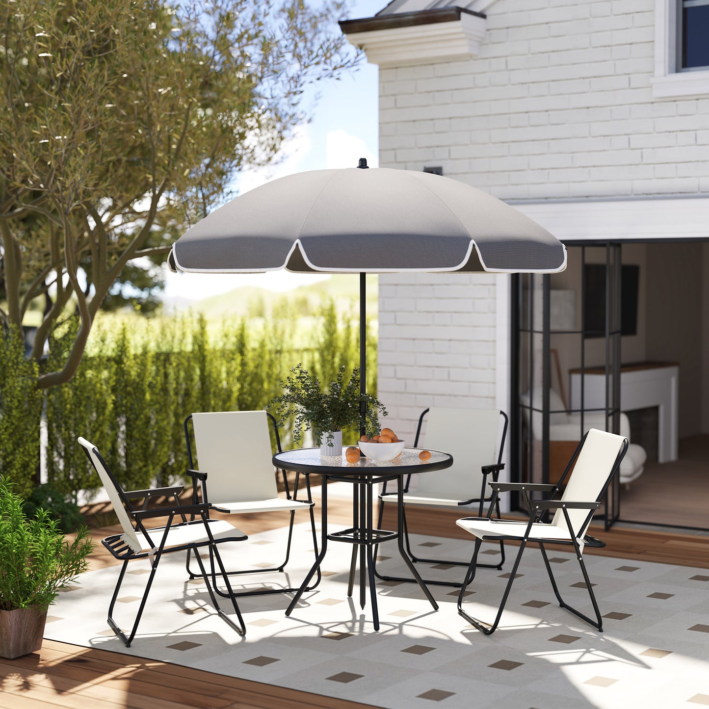 6 Pieces Garden Furniture Set with Parasol, Folding Chairs, Cream