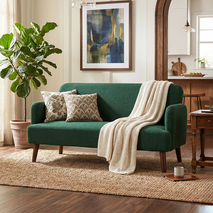 2 Seater Sofa, Small Sofa with 21cm Thick Padding and Wood Legs, Modern Velvet Feel Fabric Loveseat for Living Room, Bedroom, Home Office, Dark Green
