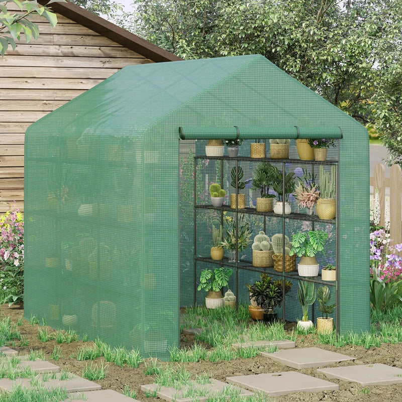 Walk-in Greenhouse with 4 Tier 24 Shelves, Portable Grow House with Roll-up Door, 244 x 180 x 210cm, Green