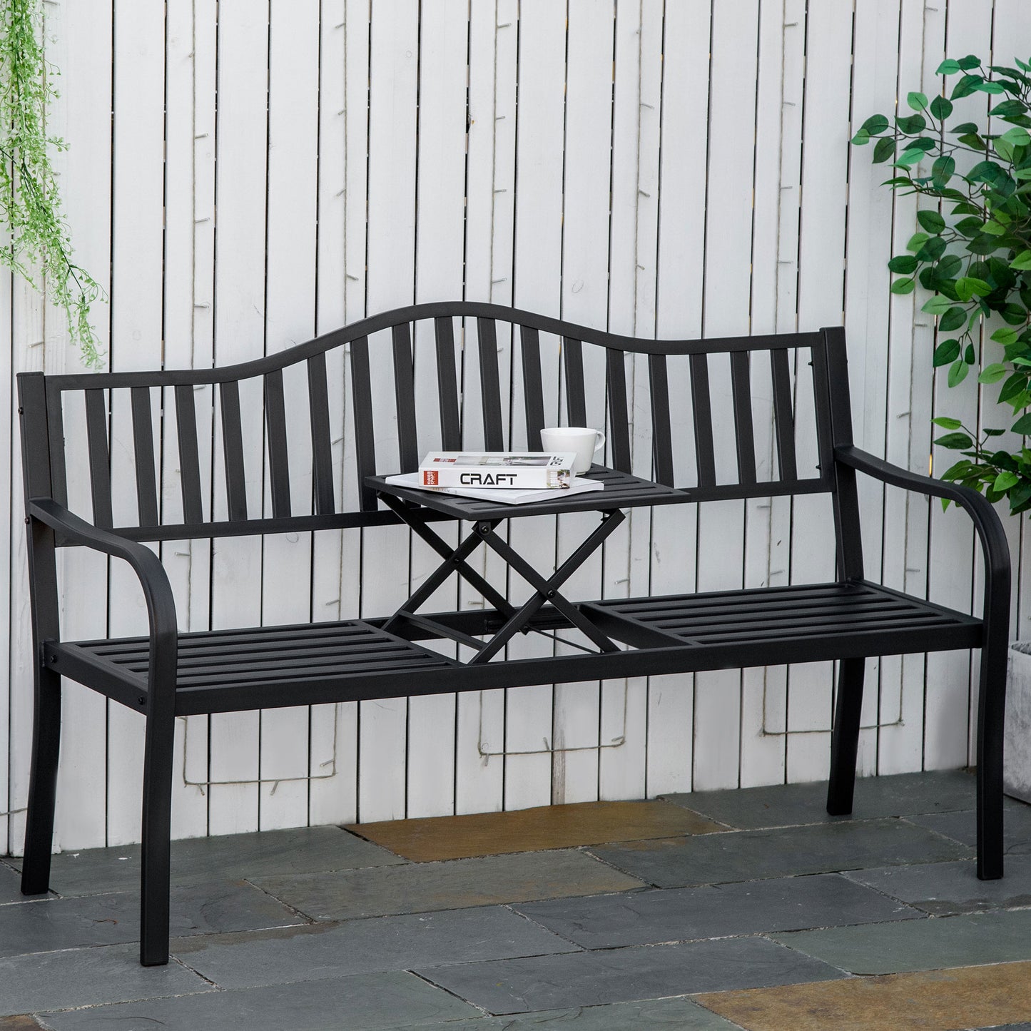 Outdoor Bench with Liftable Middle Table, Patio Loveseat, Black
