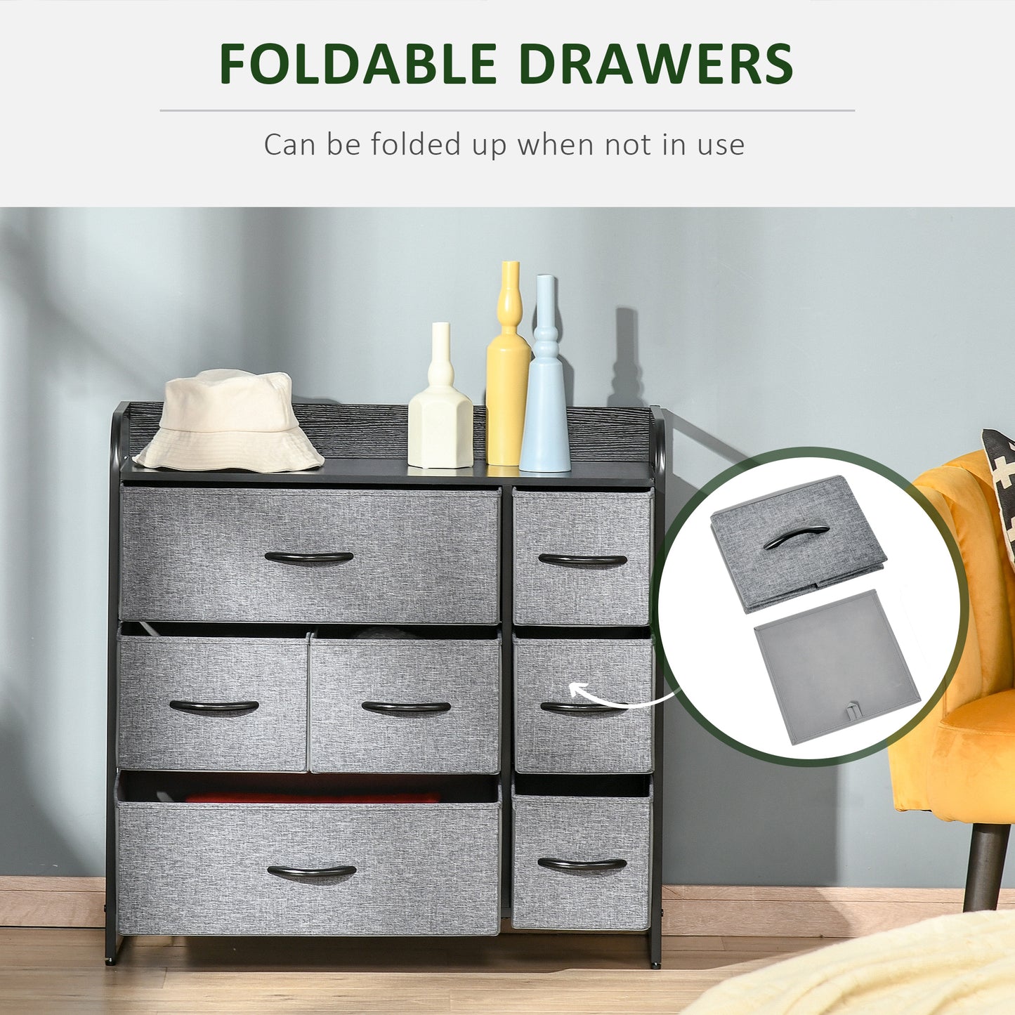 3-Tier Fabric Bedroom Dresser with 7 Foldable Drawers, Grey