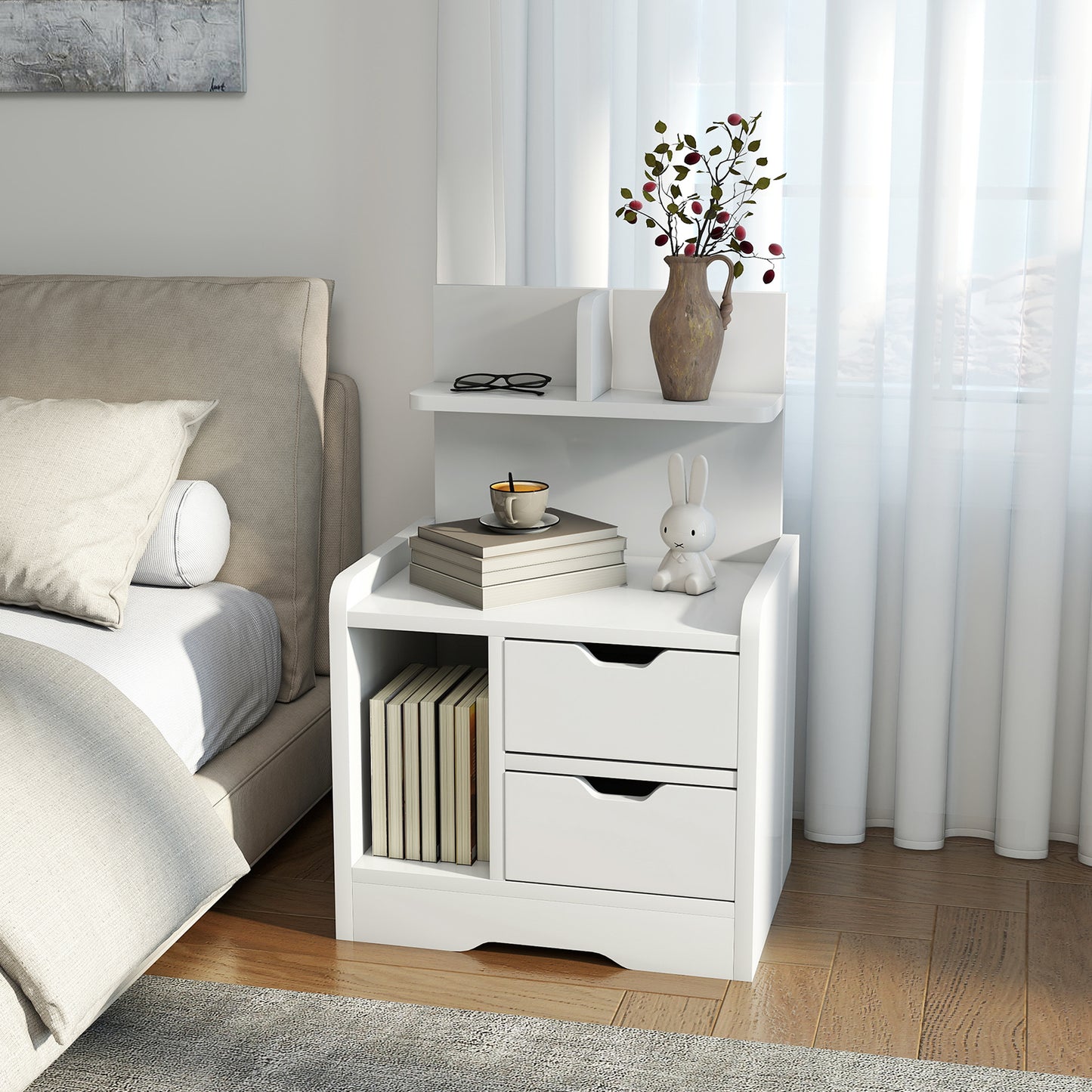 Modern Bedside Table with 2 Drawers and Open Shelves for Bedroom