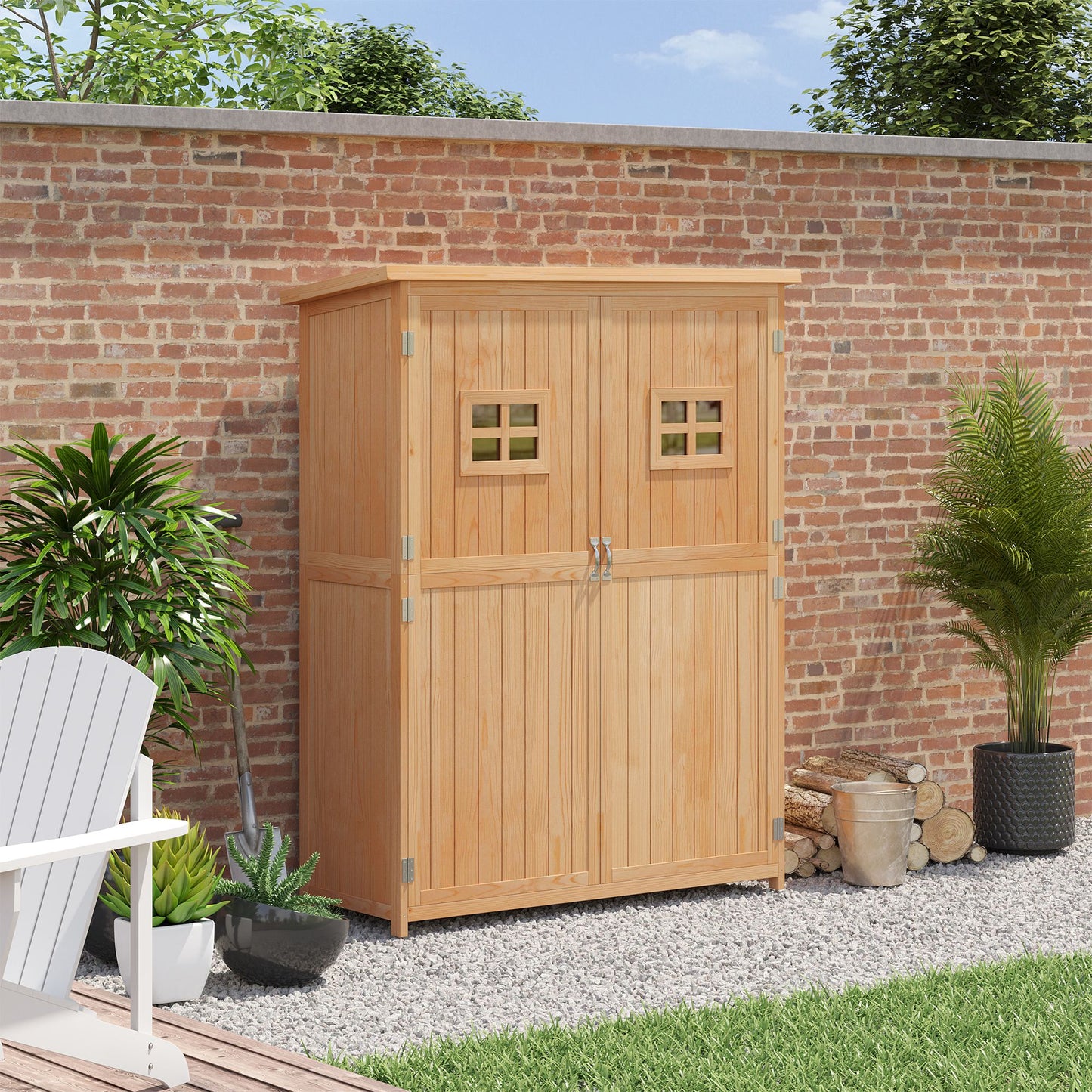 Wooden Garden Storage Shed Tool Cabinet Organiser with Shelves, Two Windows- Natural
