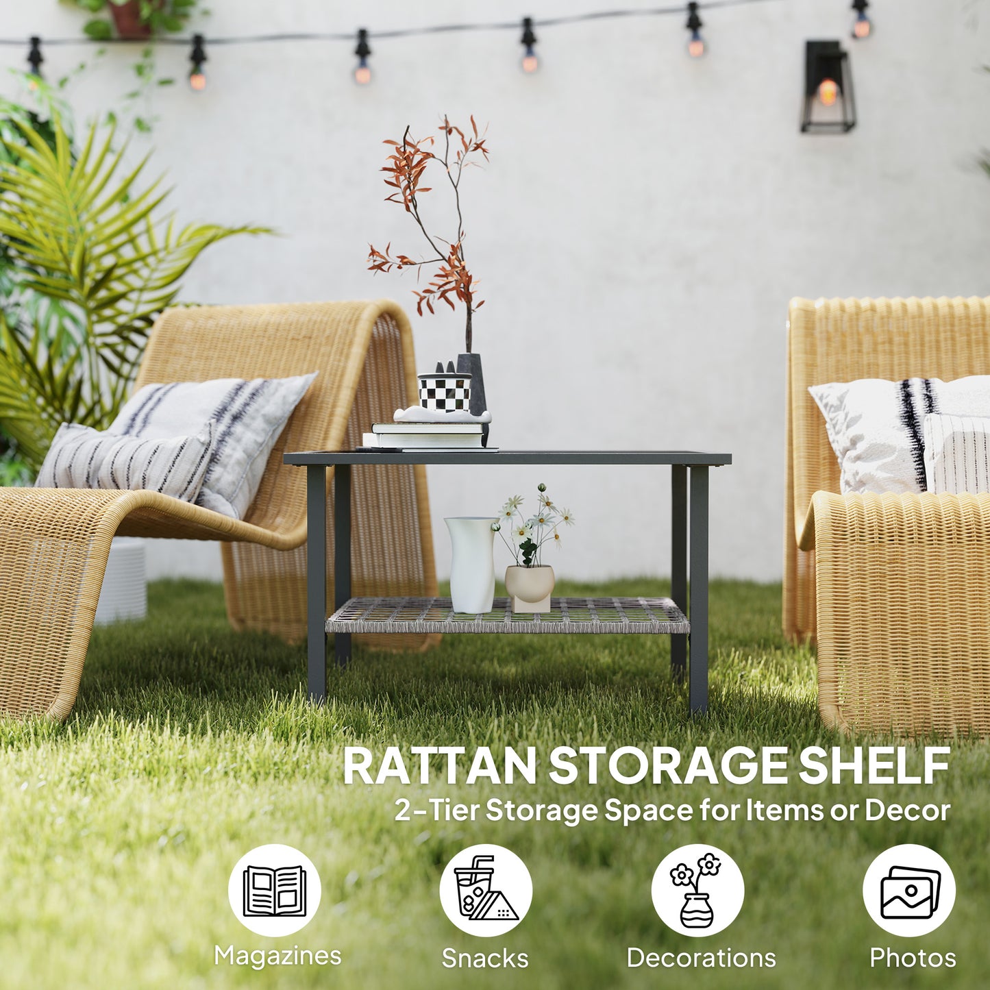 Outdoor Rattan Coffee Table, Rectangular Tea Side Table, Mixed-grey
