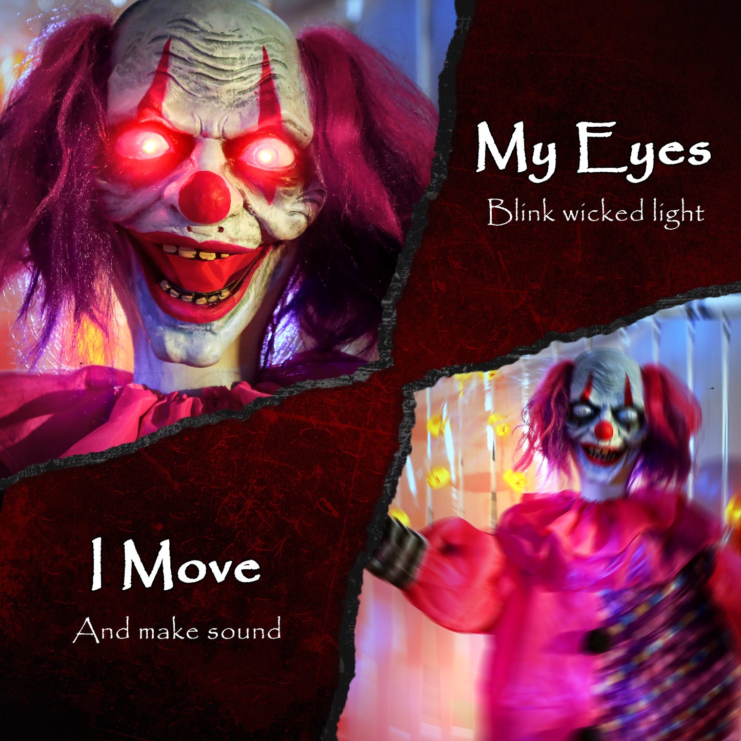 Sound Activated Halloween Animatronics Clown with Red Light Up Eyes
