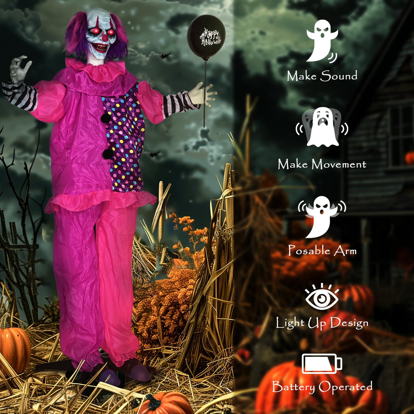 Sound Activated Halloween Animatronics Clown with Red Light Up Eyes