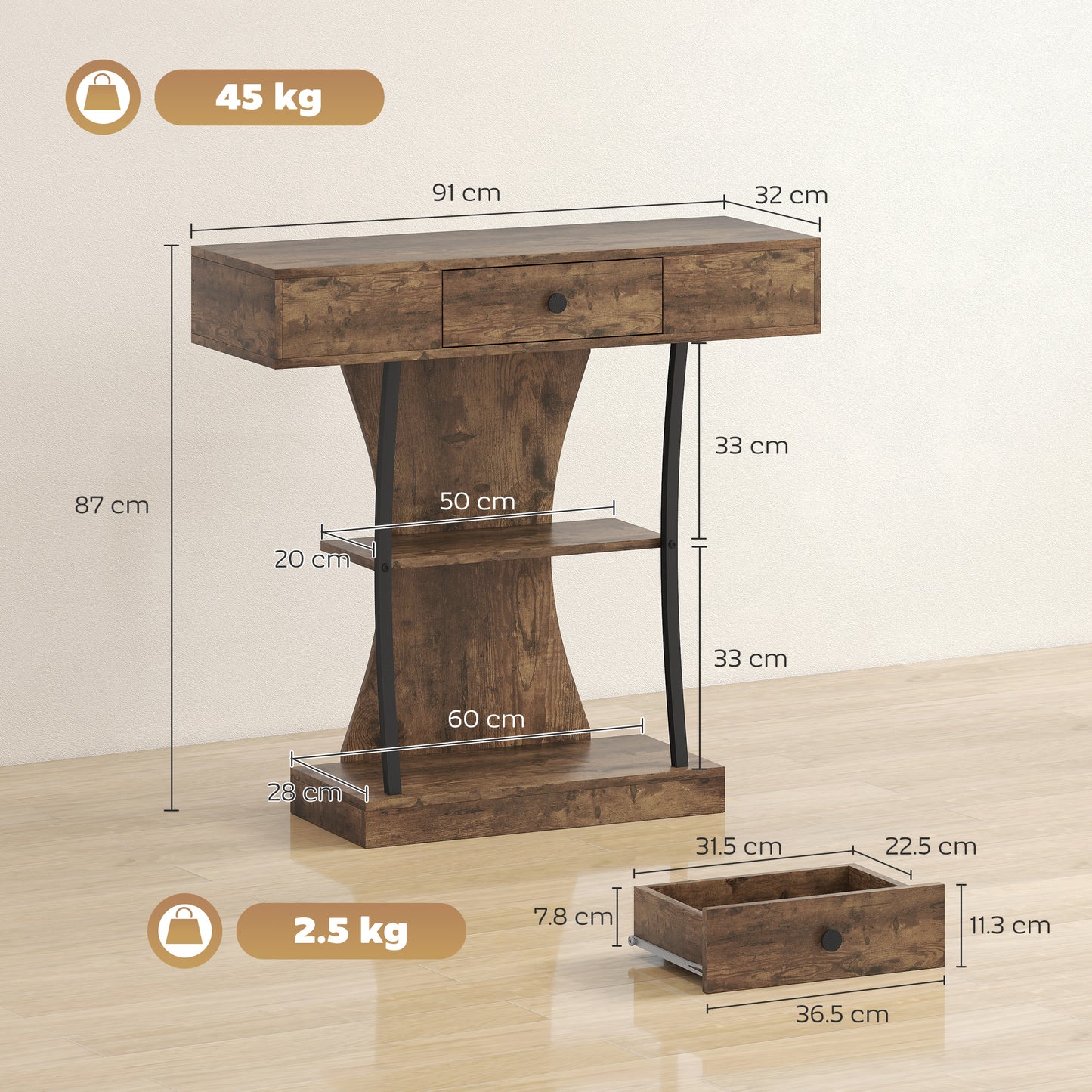 Console Table Hallway Table with Storage Shelves, Rustic Brown
