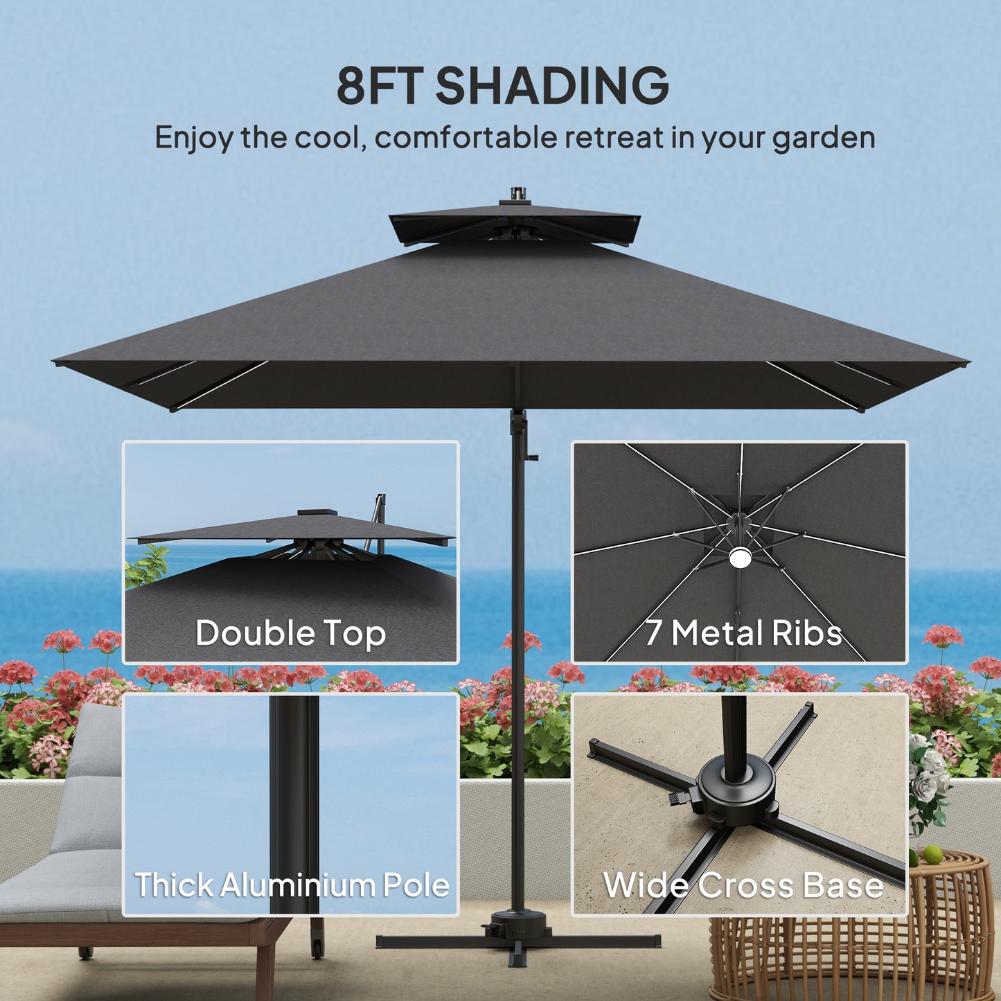 2.5m Cantilever Parasol, Garden Parasol with Lights, Dark Grey