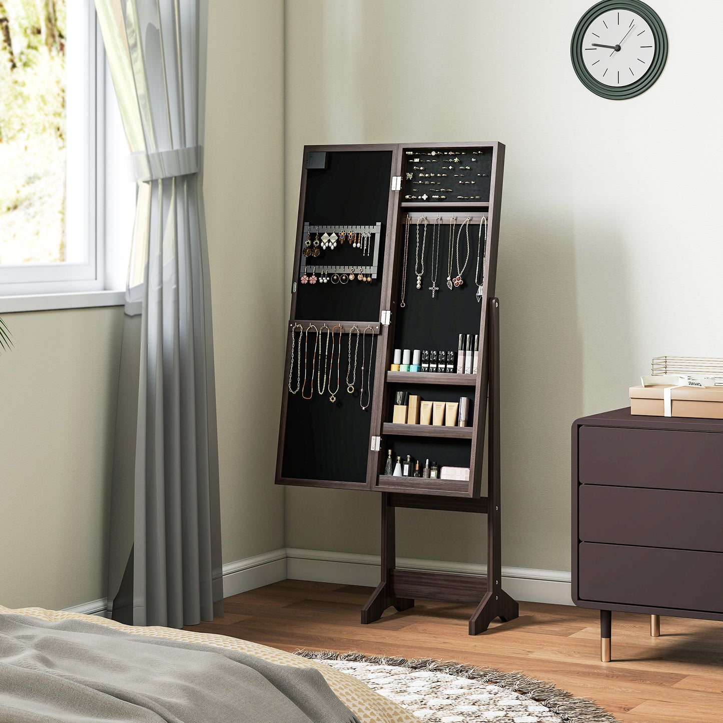 Freestanding LED Mirrored Jewelry Cabinet Dark Brown