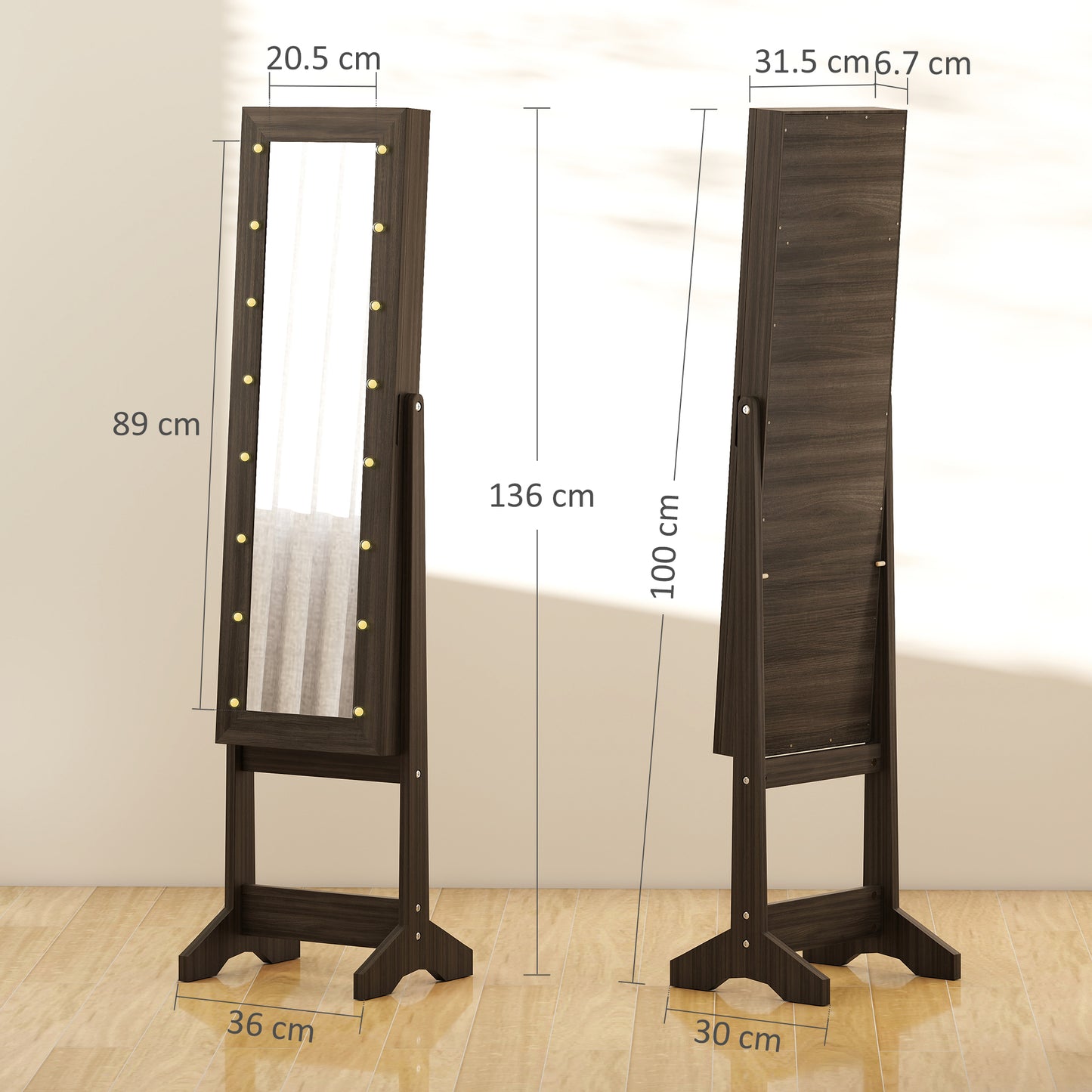 Freestanding LED Mirrored Jewelry Cabinet Dark Brown
