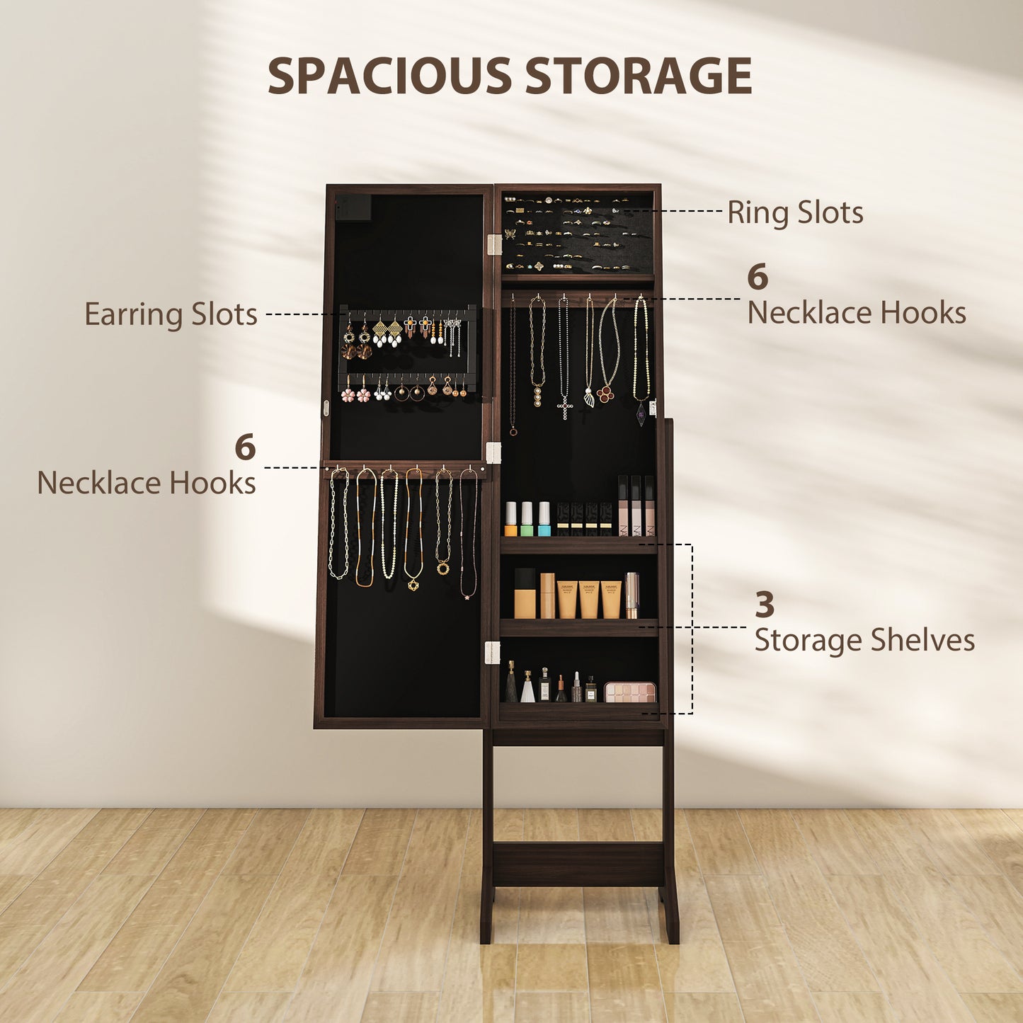 Freestanding LED Mirrored Jewelry Cabinet Dark Brown