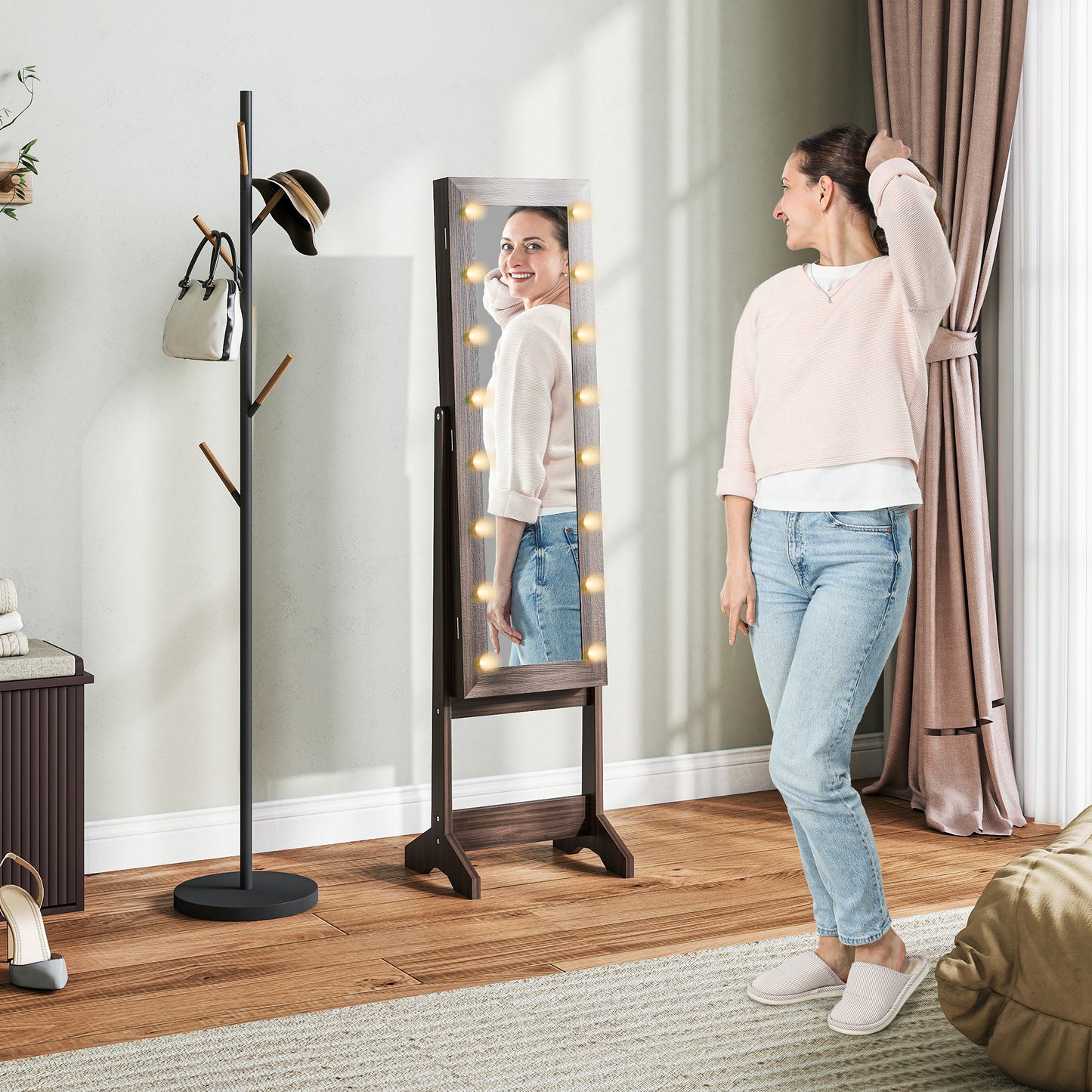 Freestanding LED Mirrored Jewelry Cabinet Dark Brown