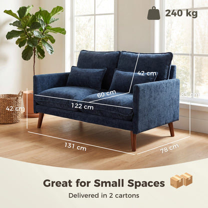 2 Seater Sofa, 131cm Velvet-Feel Fabric Loveseat Sofa with Spring Cushions, Wide and Deep Seat, Wood Legs, 2 Pillows, Modern Couch Settee for Small Space, Living Room, Bedroom, Office, Blue