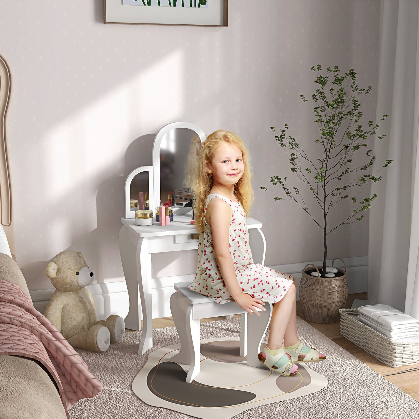 Kids Dressing Table and Stool Kids Vanity Set Makeup Desk w/ Mirror, Drawer, for Ages 3-6 Years, White