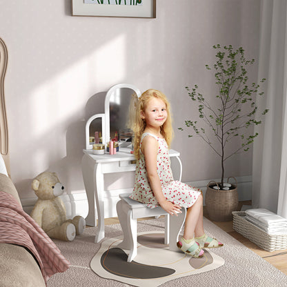 Kids Dressing Table and Stool Kids Vanity Set Makeup Desk w/ Mirror, Drawer, for Ages 3-6 Years, White