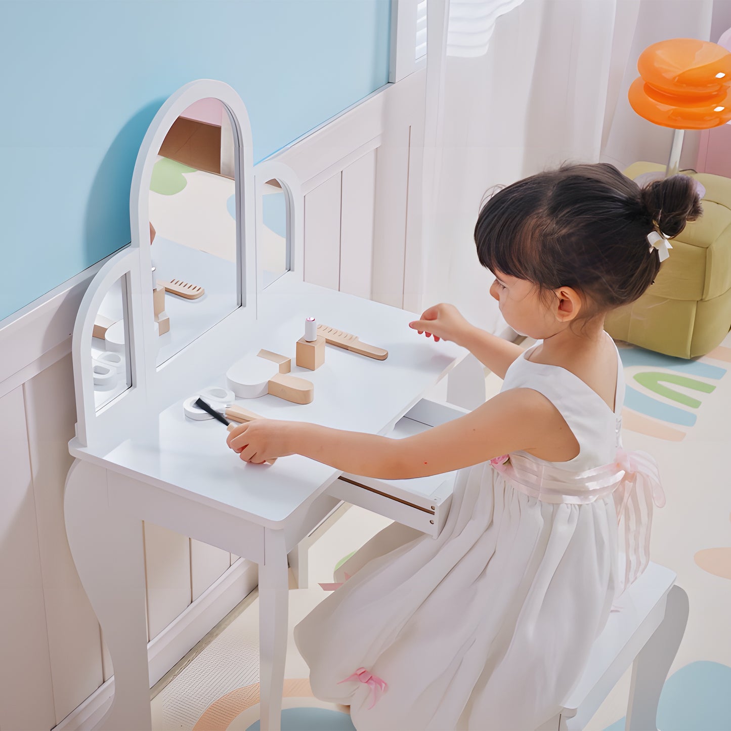 Kids Dressing Table and Stool Kids Vanity Set Makeup Desk w/ Mirror, Drawer, for Ages 3-6 Years, White