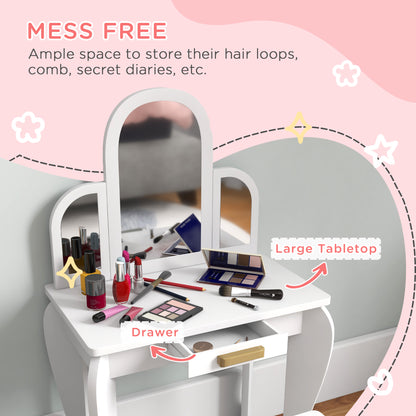 Kids Dressing Table and Stool Kids Vanity Set Makeup Desk w/ Mirror, Drawer, for Ages 3-6 Years, White