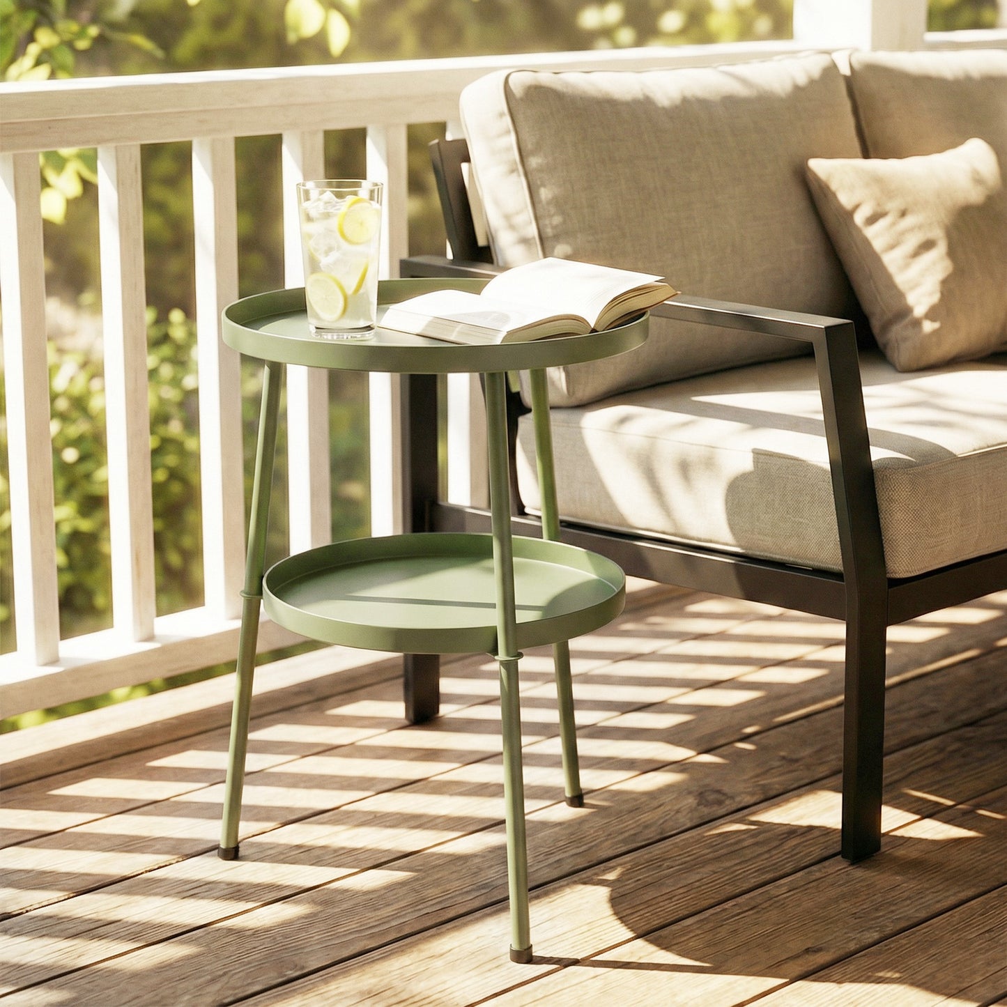 Patio Side Table, 2-Tier Round Coffee End Table, Light Green