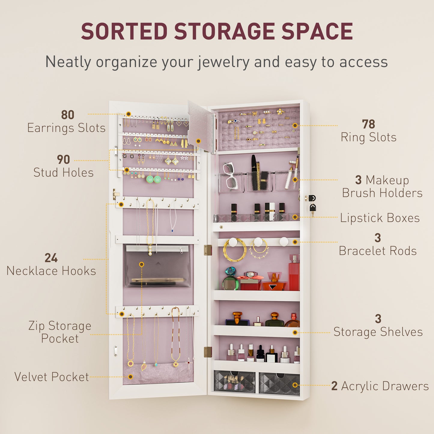 Door Hanging or Wall Mounted Jewellery Cabinet w/ Mirror Pink Lining