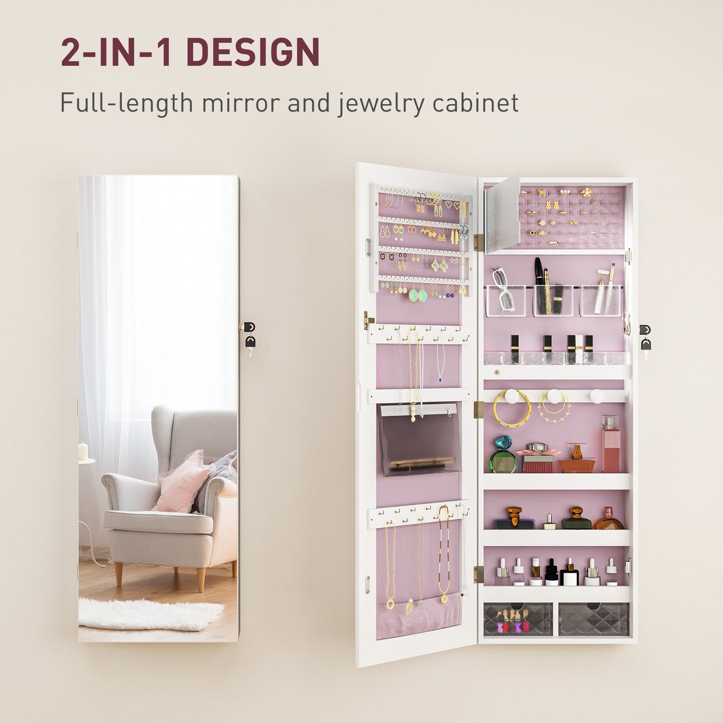 Door Hanging or Wall Mounted Jewellery Cabinet w/ Mirror Pink Lining