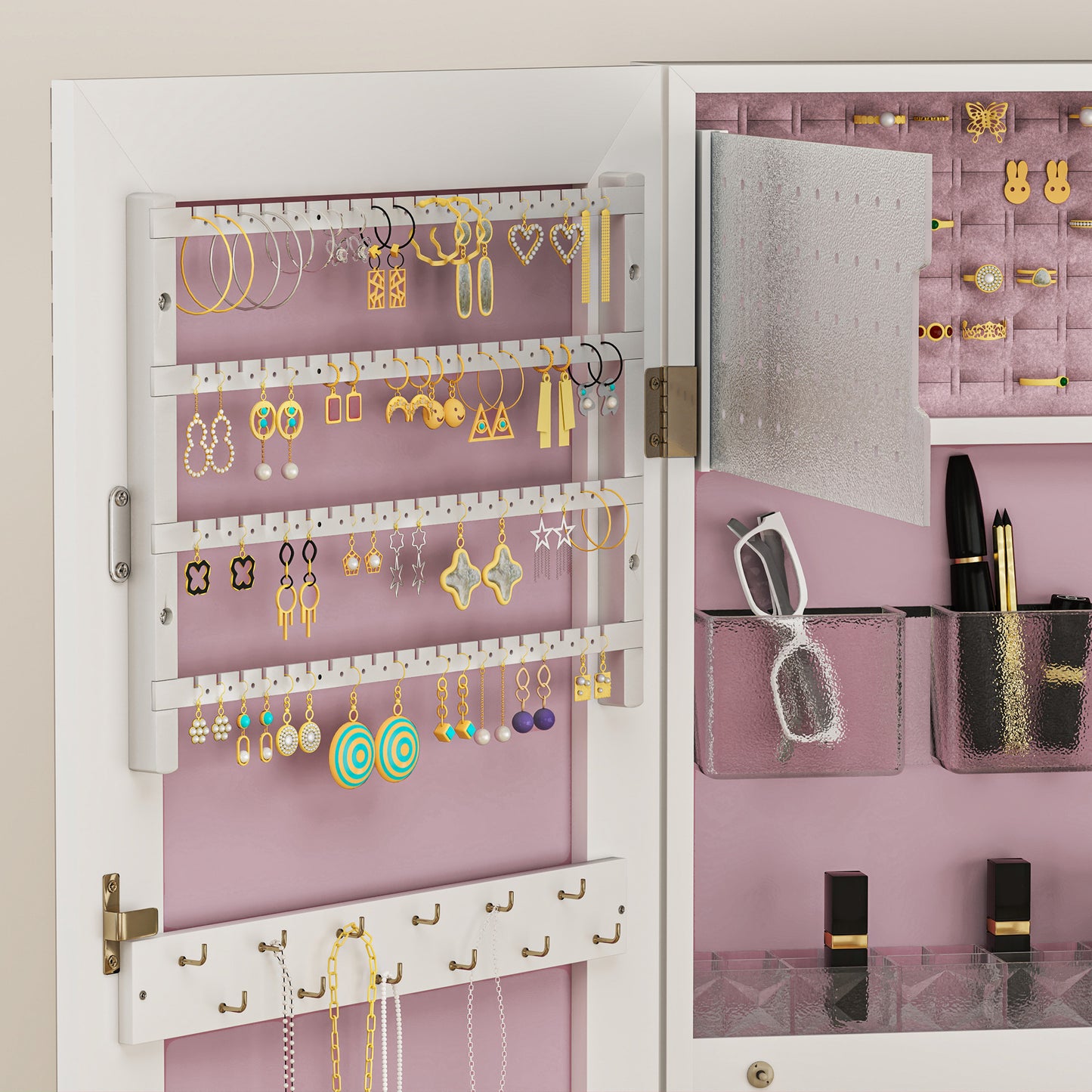Door Hanging or Wall Mounted Jewellery Cabinet w/ Mirror Pink Lining