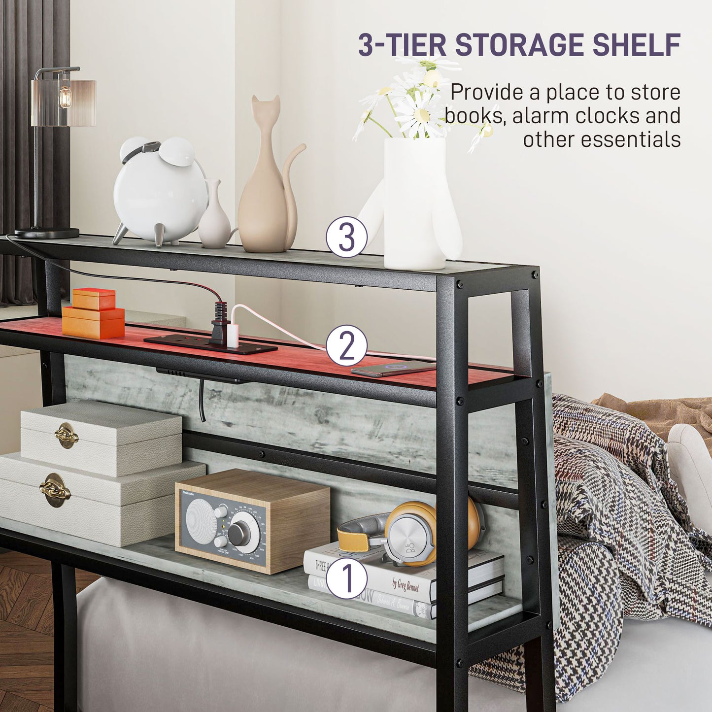 LED Single Bed Frame with Charging Station, 90 x 190cm, Cement Grey