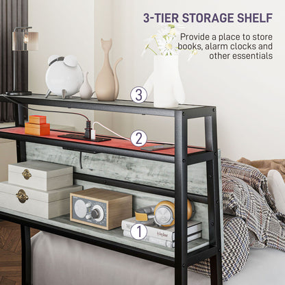 LED Single Bed Frame with Charging Station, 90 x 190cm, Cement Grey