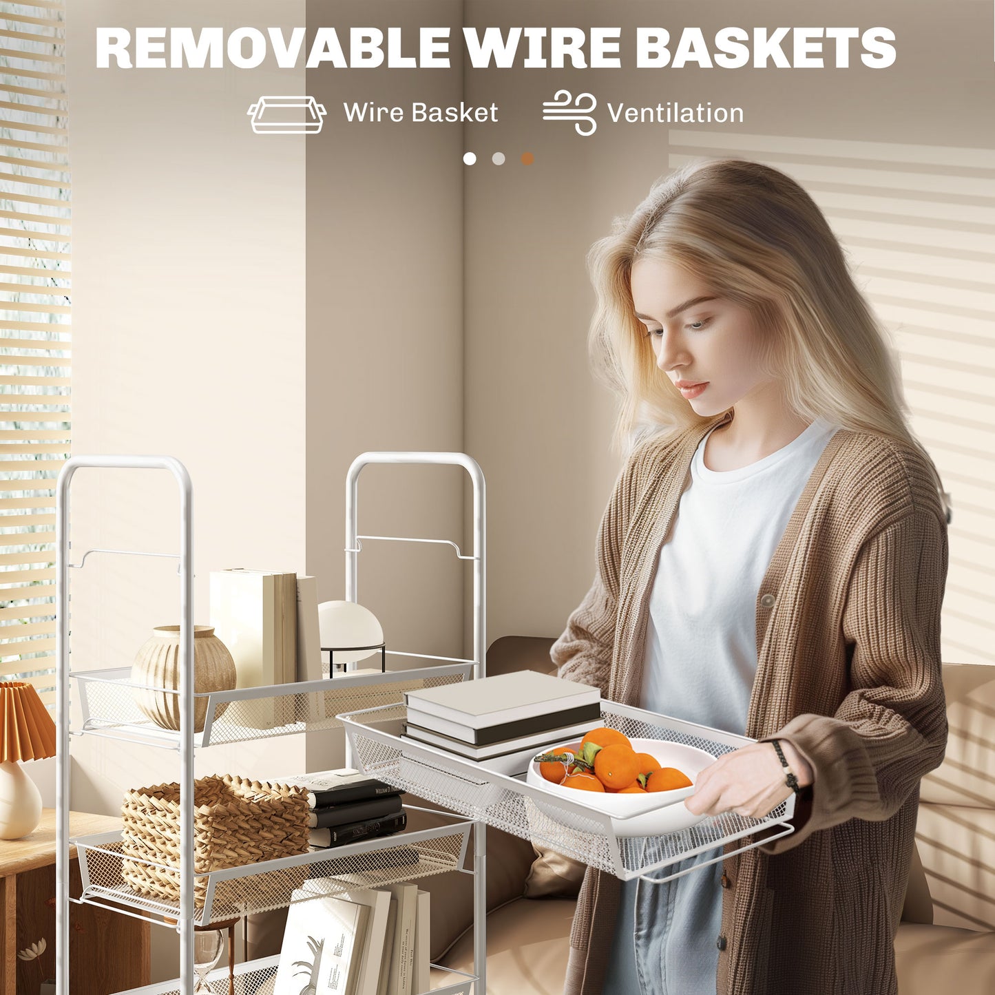 5 Tier Utility Rolling Cart with Removable Mesh Baskets, White