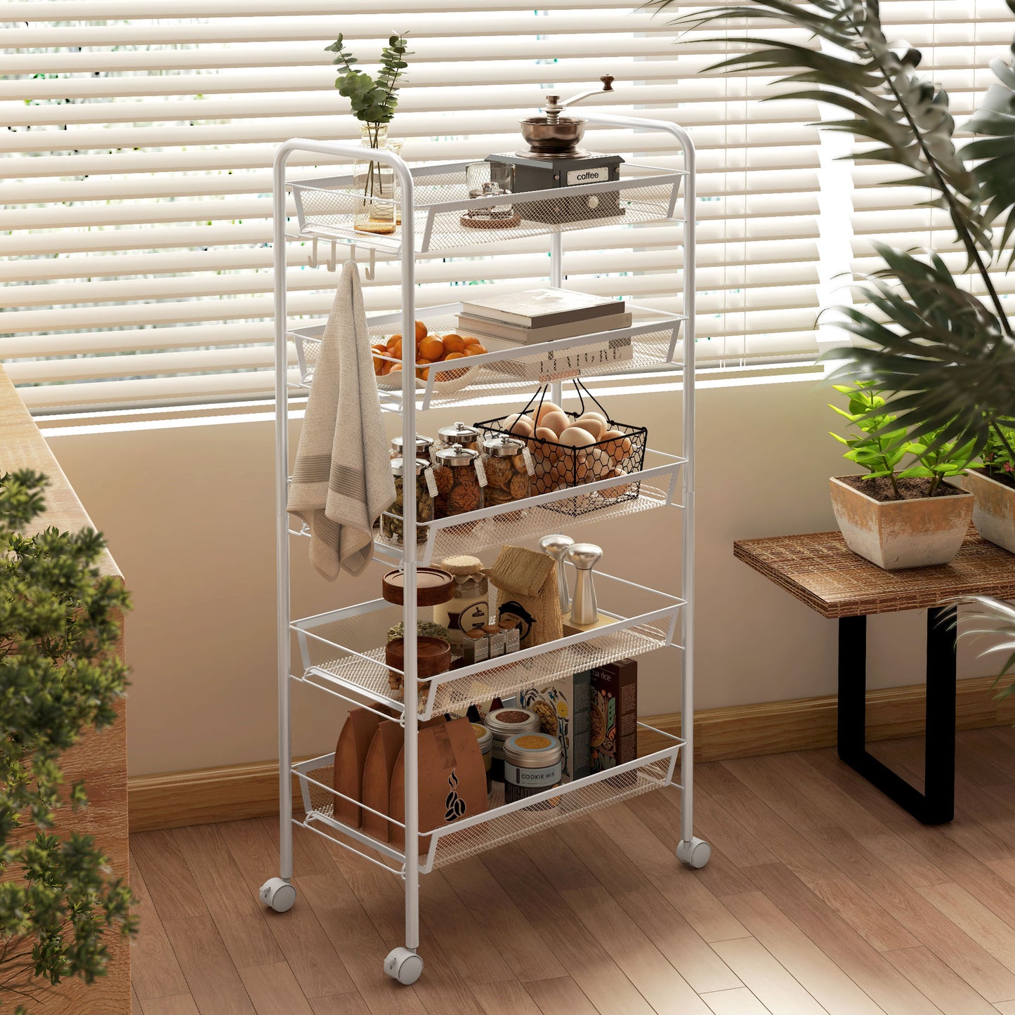5 Tier Utility Rolling Cart with Removable Mesh Baskets, White