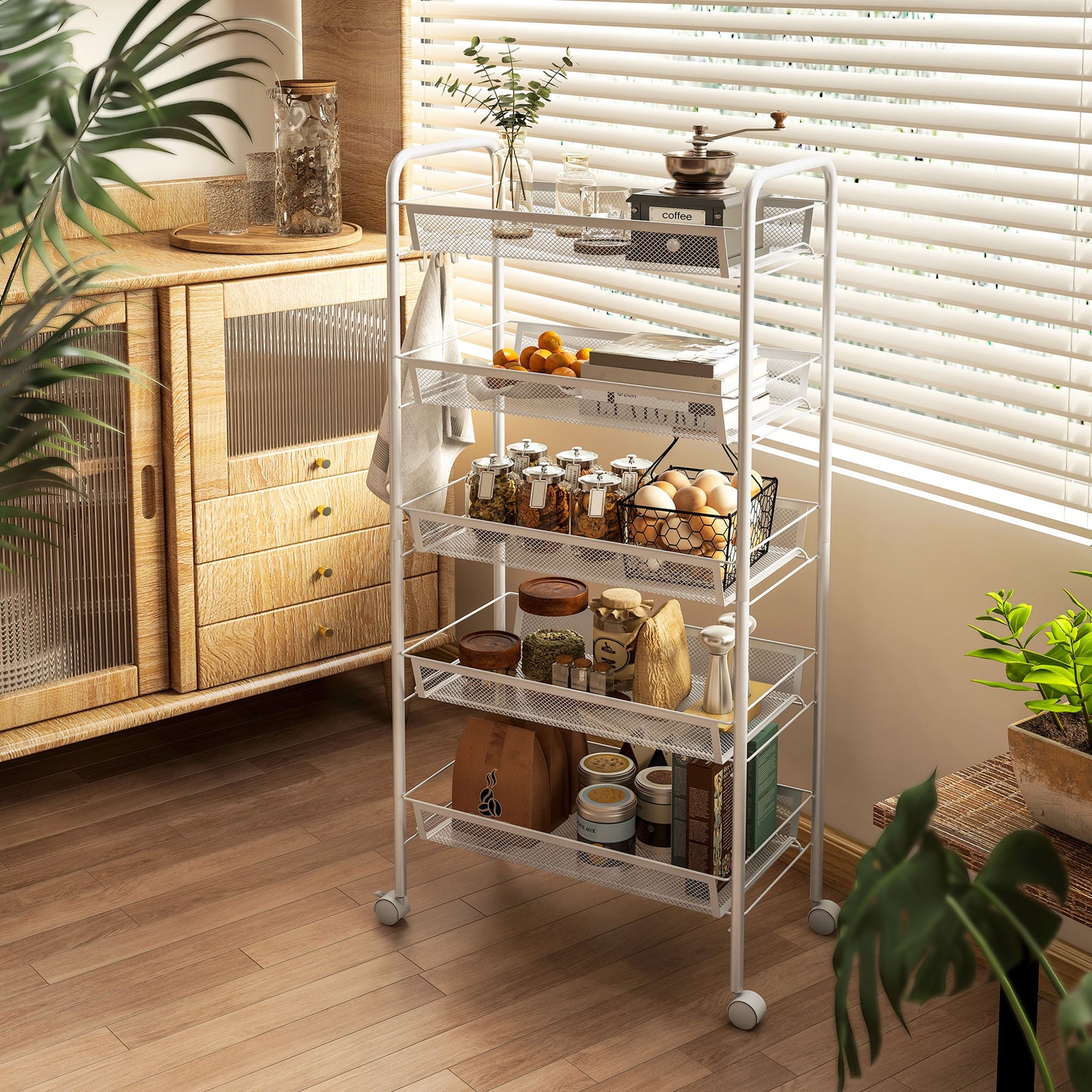 5 Tier Utility Rolling Cart with Removable Mesh Baskets, White