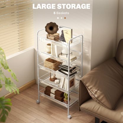 5 Tier Utility Rolling Cart with Removable Mesh Baskets, White
