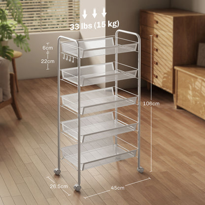 5 Tier Utility Rolling Cart with Removable Mesh Baskets, White