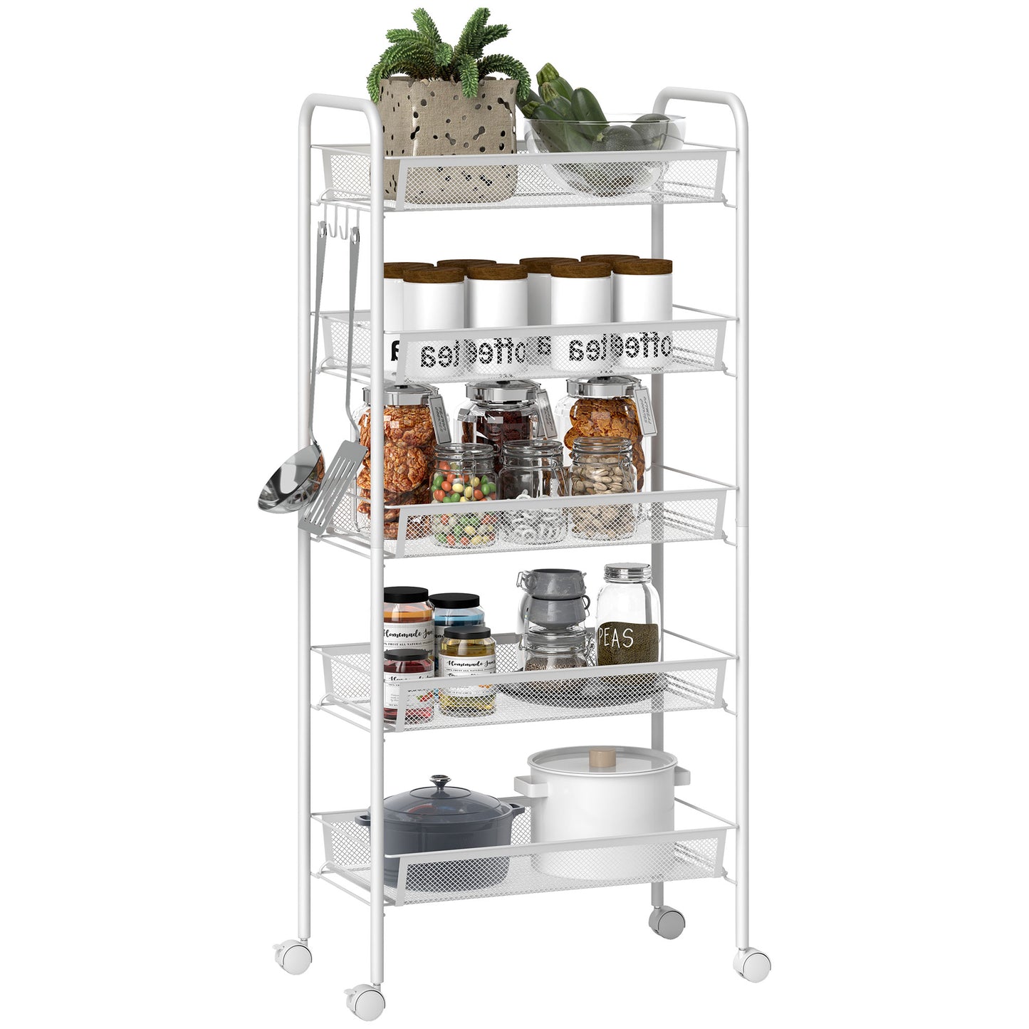 5 Tier Utility Rolling Cart with Removable Mesh Baskets, White