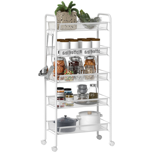 5 Tier Utility Rolling Cart with Removable Mesh Baskets, White