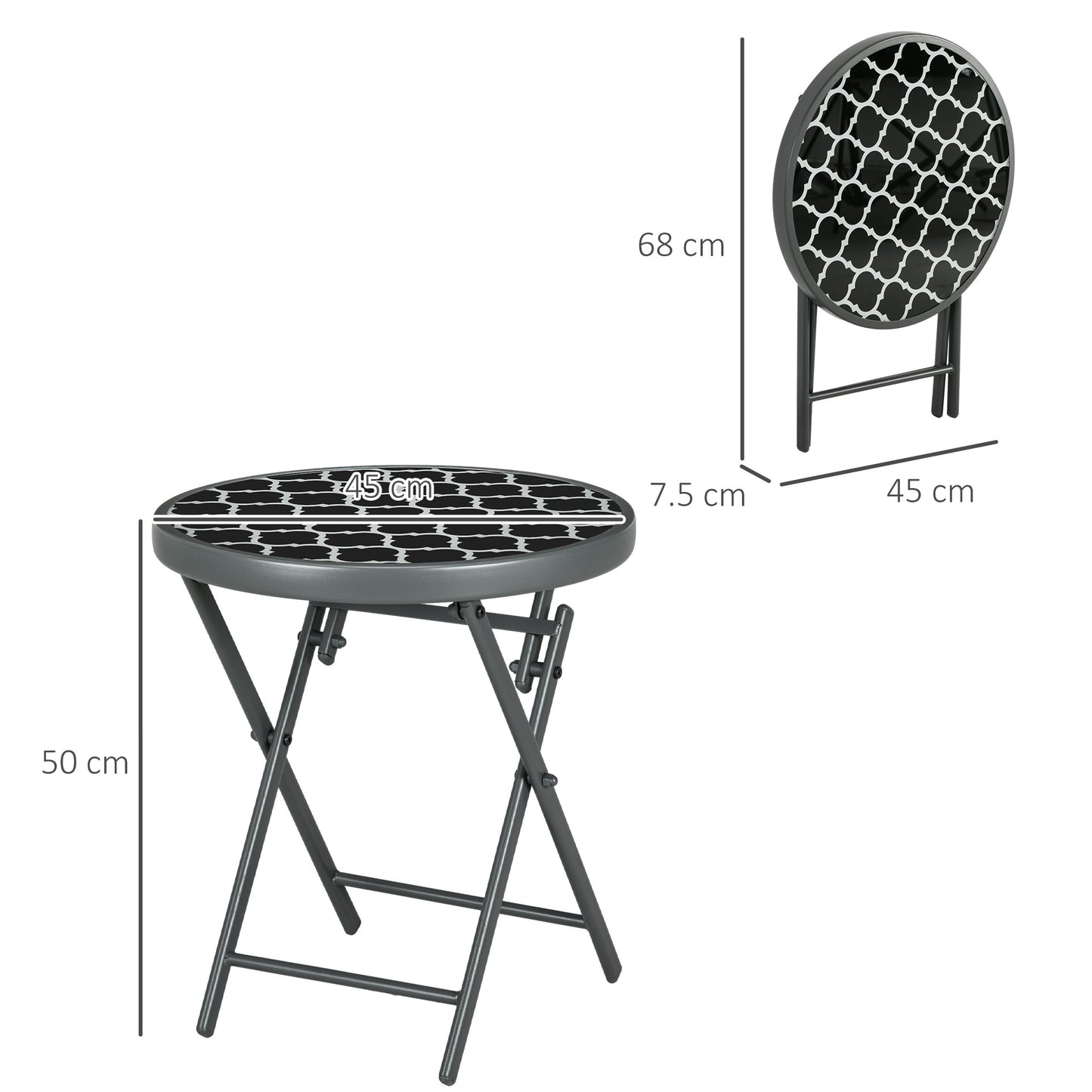 Φ45cm Outdoor Side Table, Round Folding Patio Table with Imitation Marble Glass Top, Small Coffee Table, Black