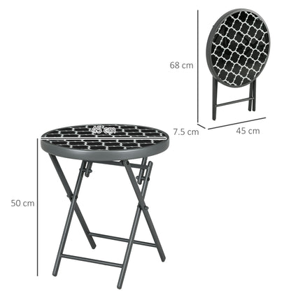Φ45cm Outdoor Side Table, Round Folding Patio Table with Imitation Marble Glass Top, Small Coffee Table, Black
