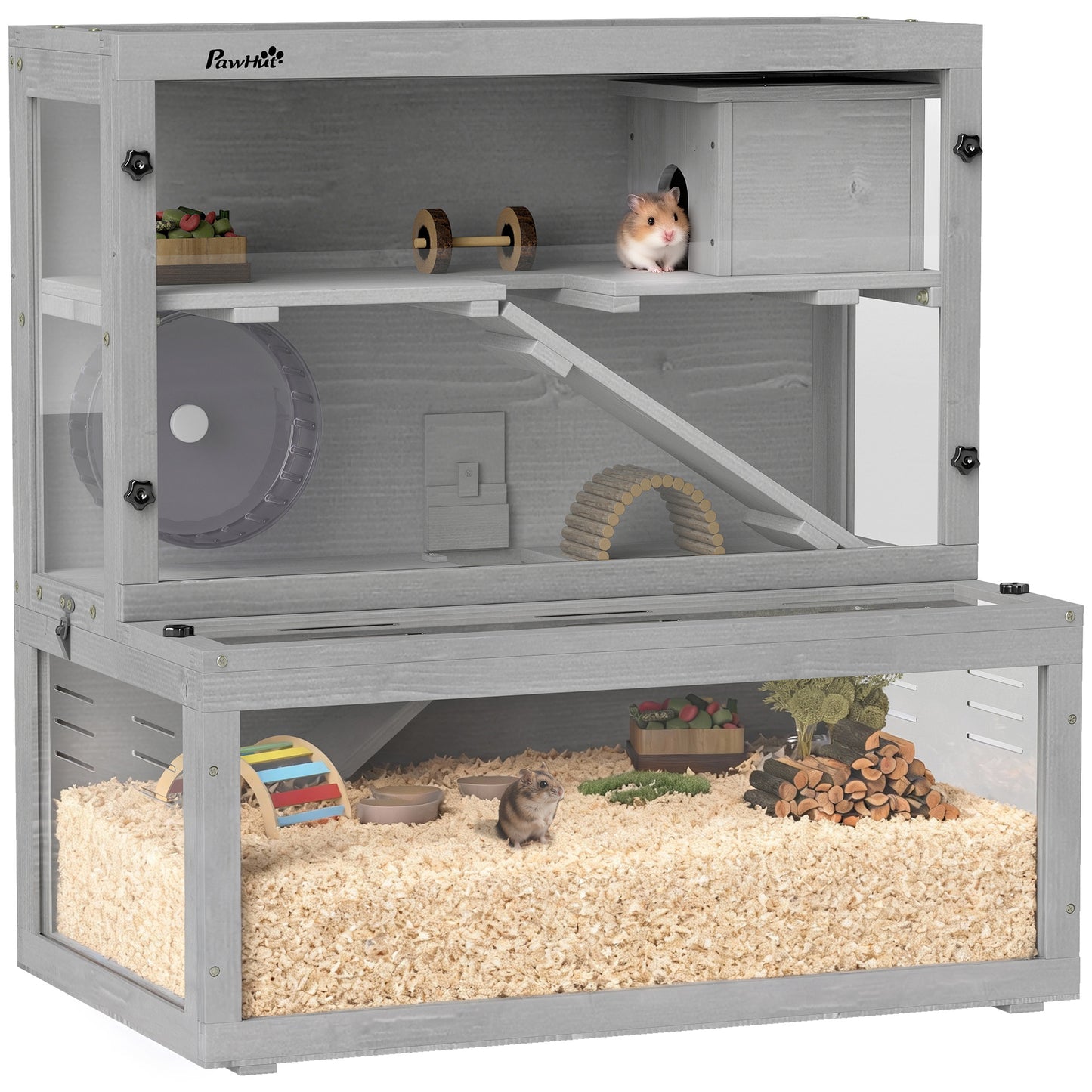 3 Tier Wooden Hamster Cage with Hut, Wheel, Ramps, 80 x 50 x 84 cm