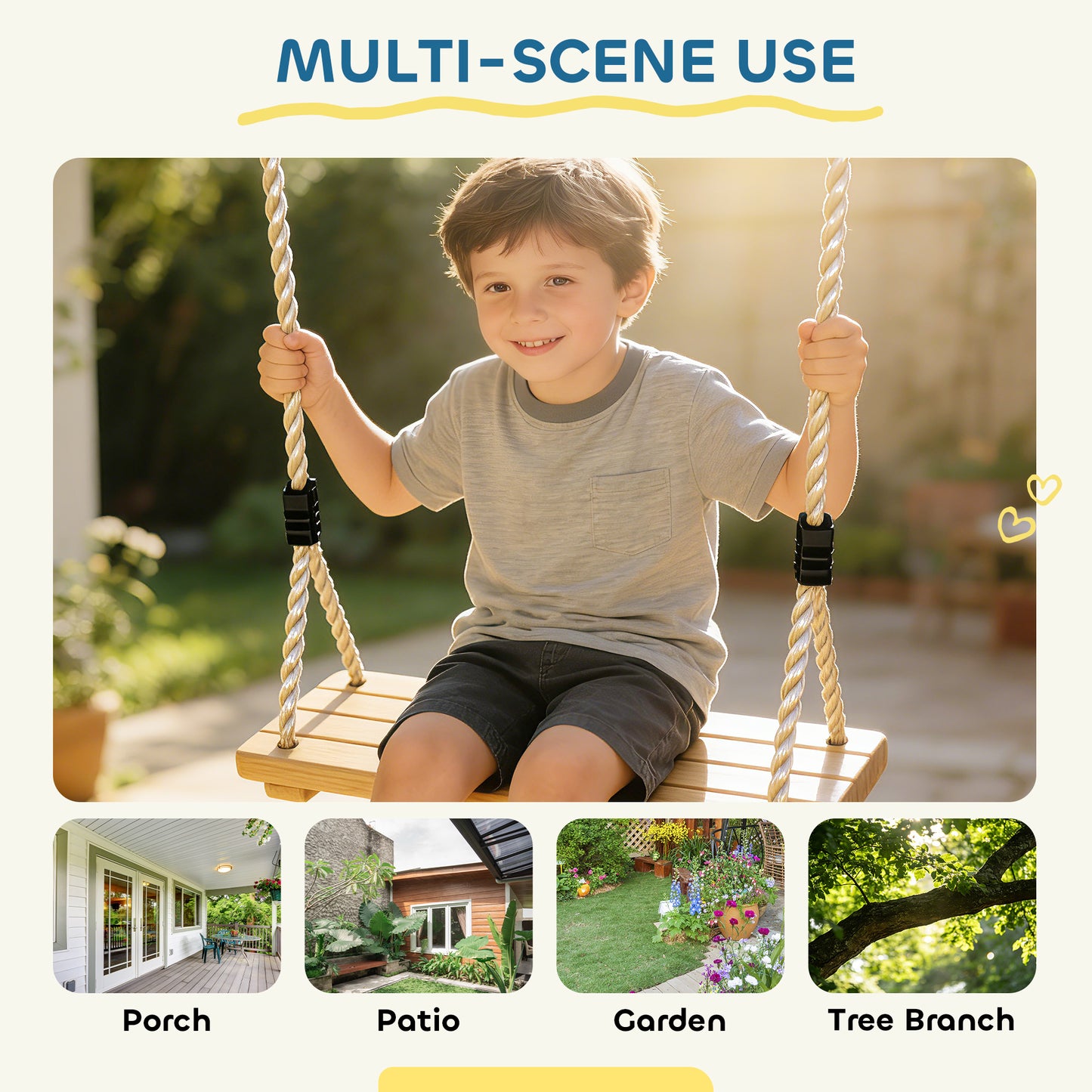 Swing Seat with Adjustable Wooden Seat for Kids