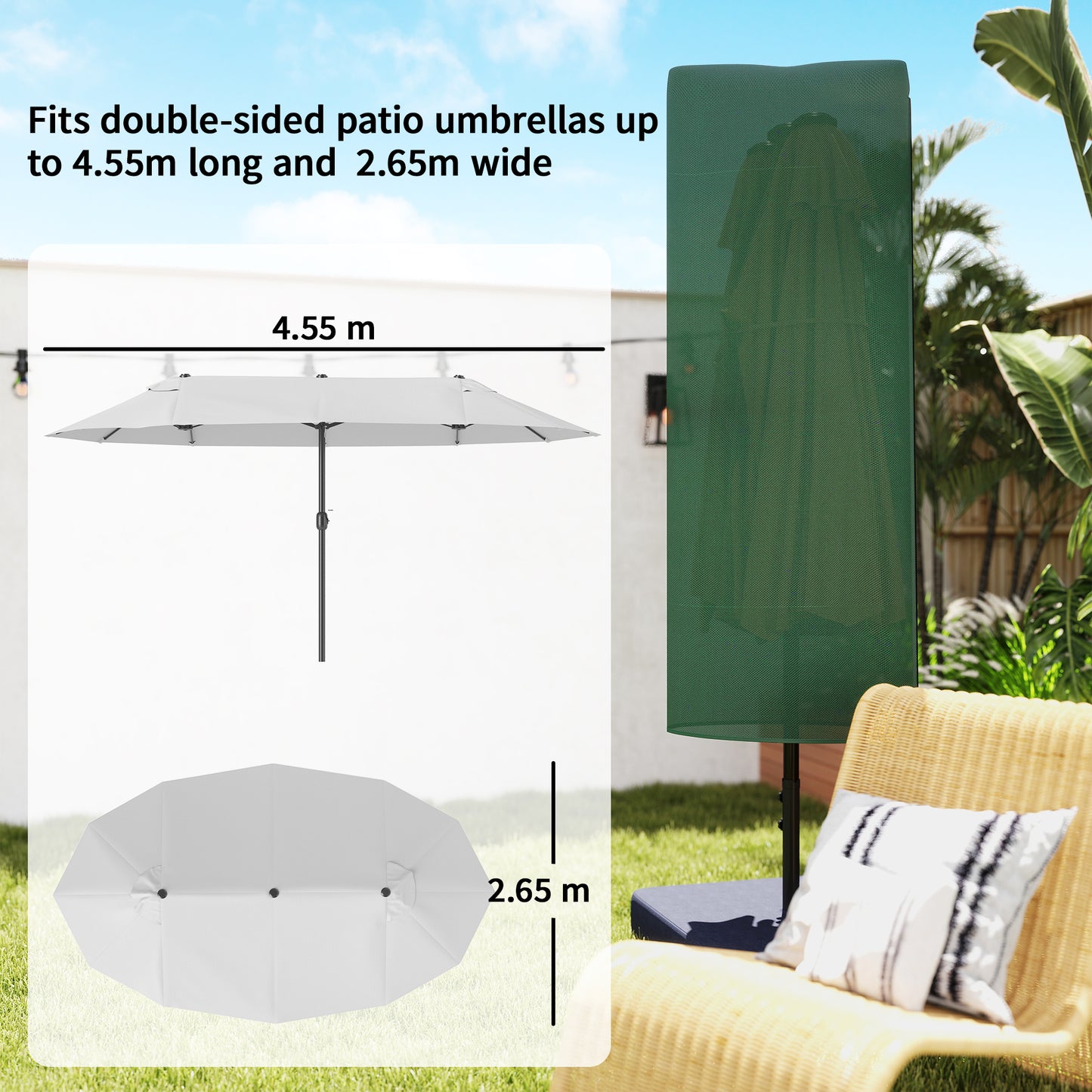 Garden Parasol Cover for 2-4m Umbrella Protector, Dark Green