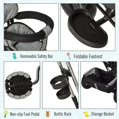Toddler Bike Push Along Trike, 2-in-1 Cloth Tricycle Stroller w/ Push Handle, Detachable Guardrail & Storage Bag, Grey