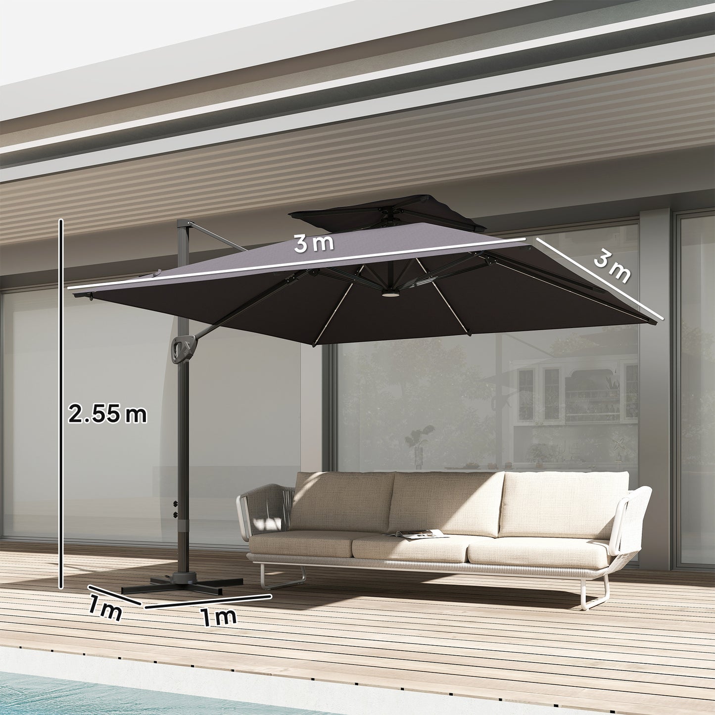 3.5m Aluminium Cantilever Parasol w/ LED Lights Crank Tilt UV50+ Grey