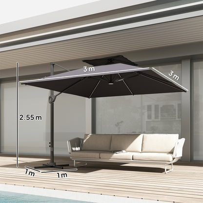 3.5m Aluminium Cantilever Parasol w/ LED Lights Crank Tilt UV50+ Grey